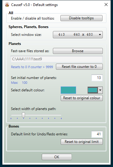 Planets defaults window