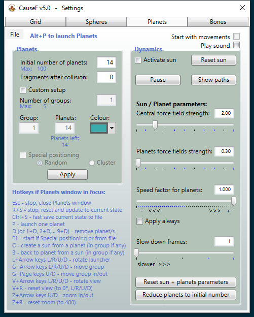 Settings window - Planets