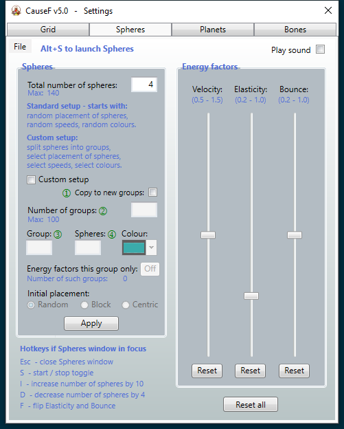 Settings window - Spheres